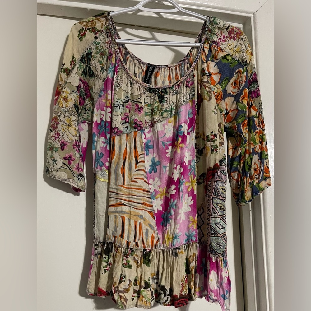 SACRED THREADS Women's Hanky Patchwork 3/4 Sleeve Floral Blouse Rayon Size Small
